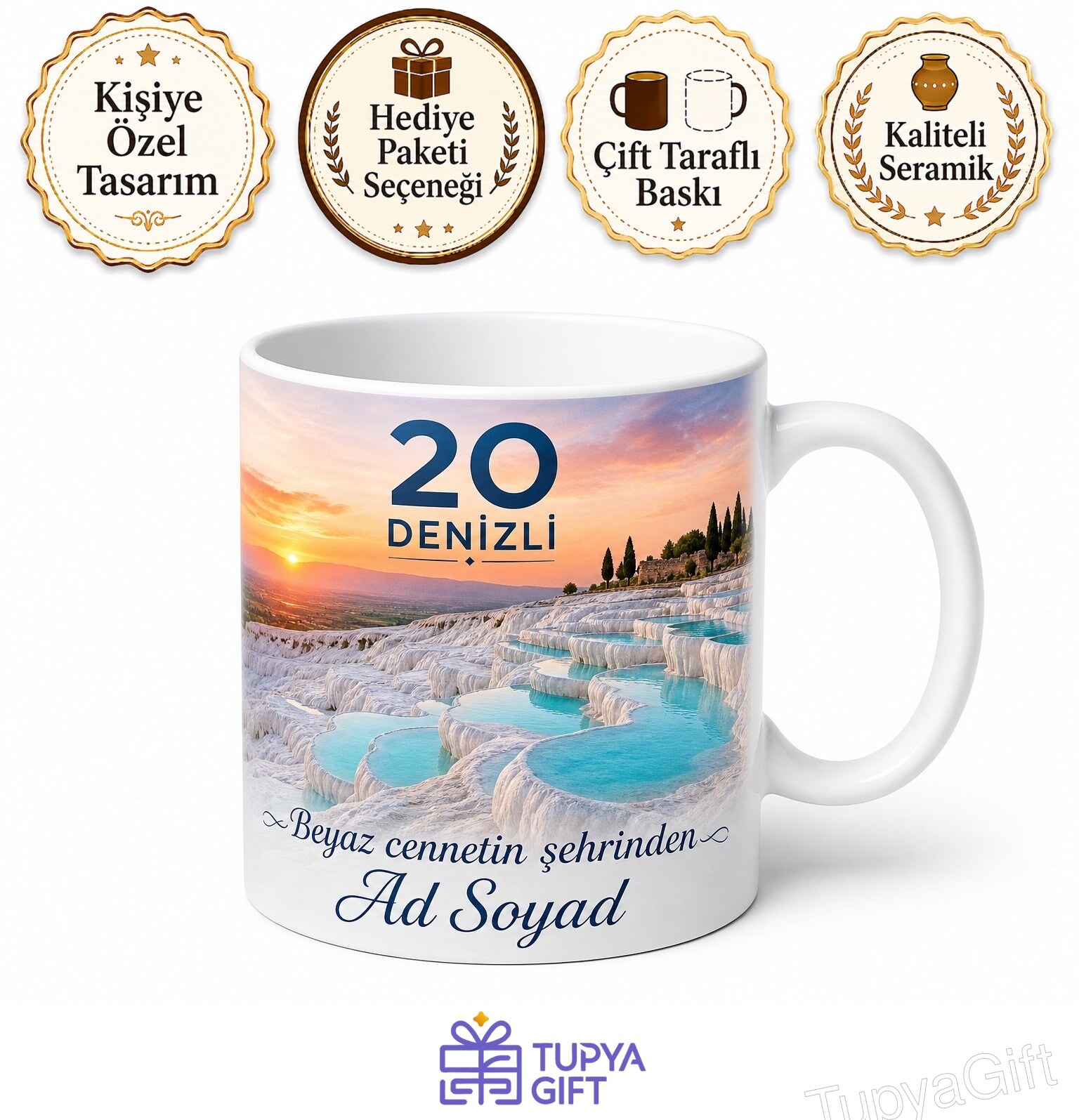 Denizli Plakalı Pamukkale Travertenleri Manzaralı Seramik Kupa Bardak Hediye