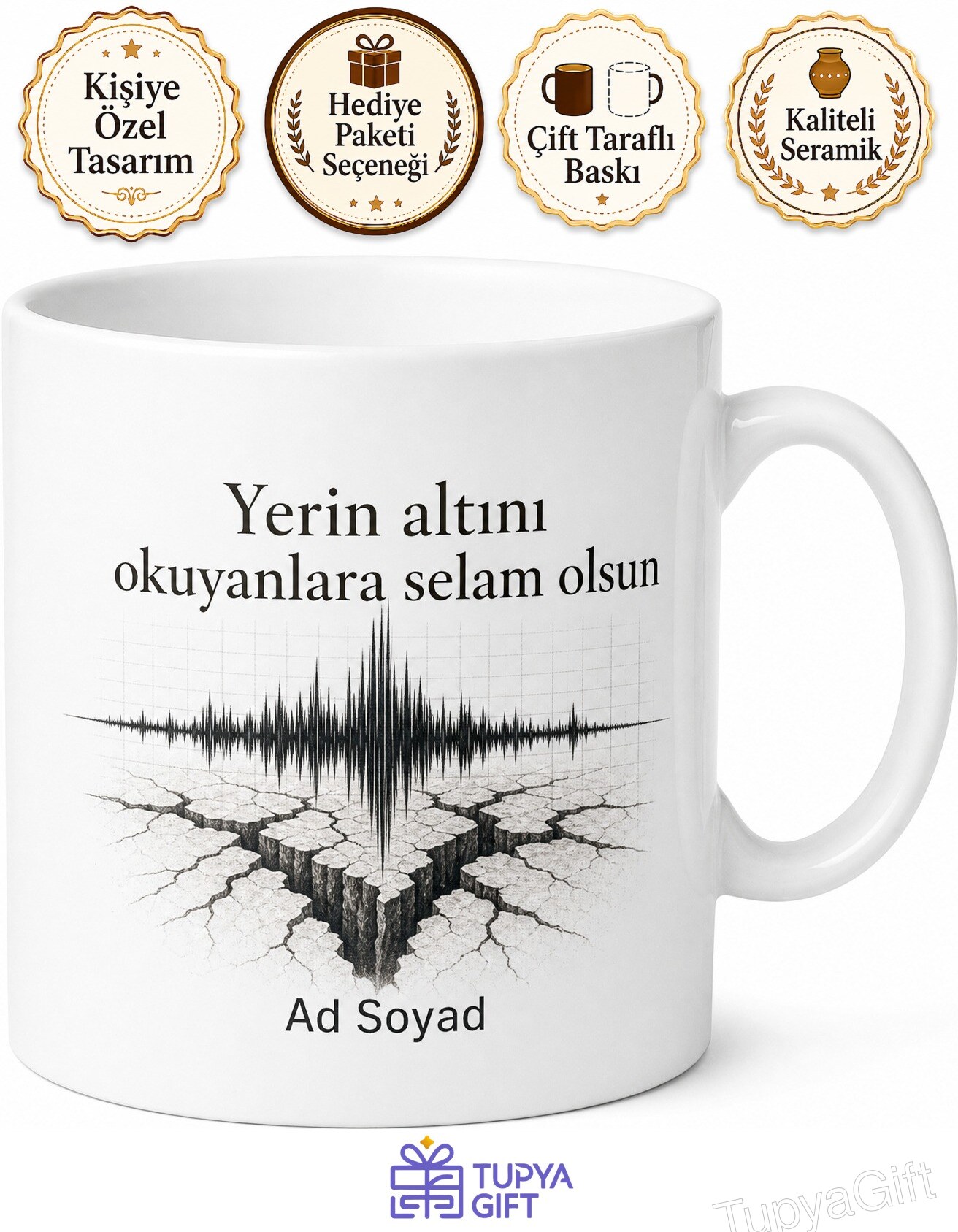 Deprem Uzmanına Hediye Sismograf Fay Hattı Deprem Bilimi Temalı Porselen Kupa Bardak