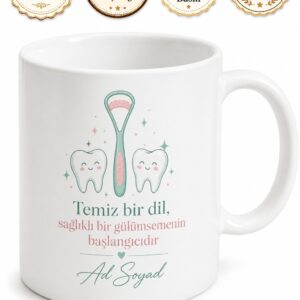Dil Temizleyici Kullanan Annelere Ağız Hijyeni Temalı Kupa Bardak Hediye