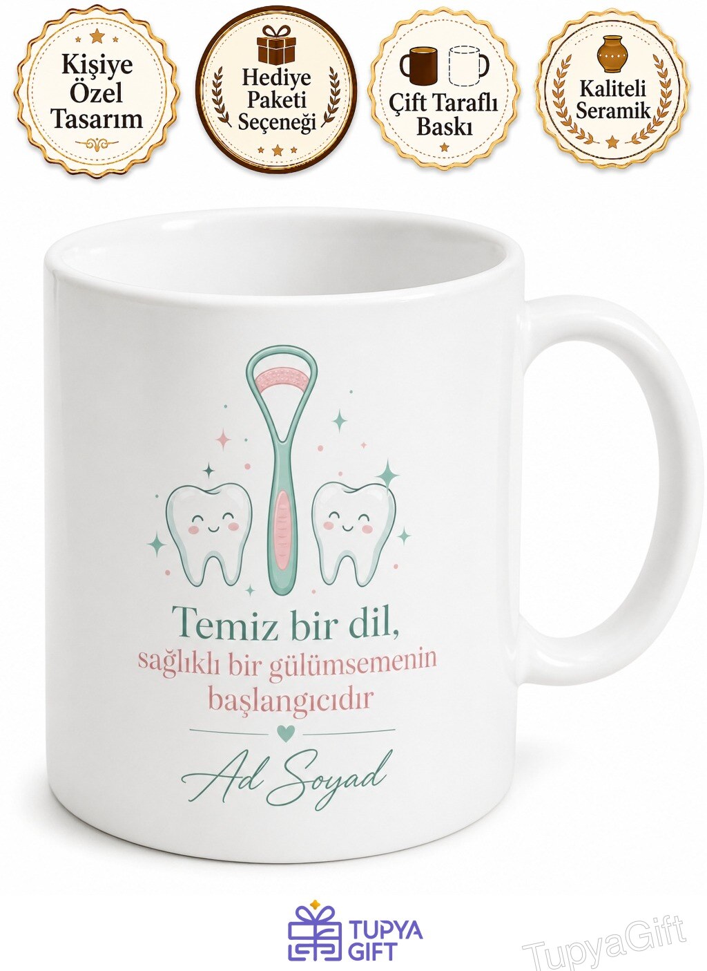Dil Temizleyici Kullanan Annelere Ağız Hijyeni Temalı Kupa Bardak Hediye