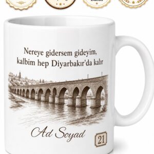 Diyarbakır Plakalı On Gözlü Köprü Çizimli Memleket Hasreti Kupa Bardak Hediye