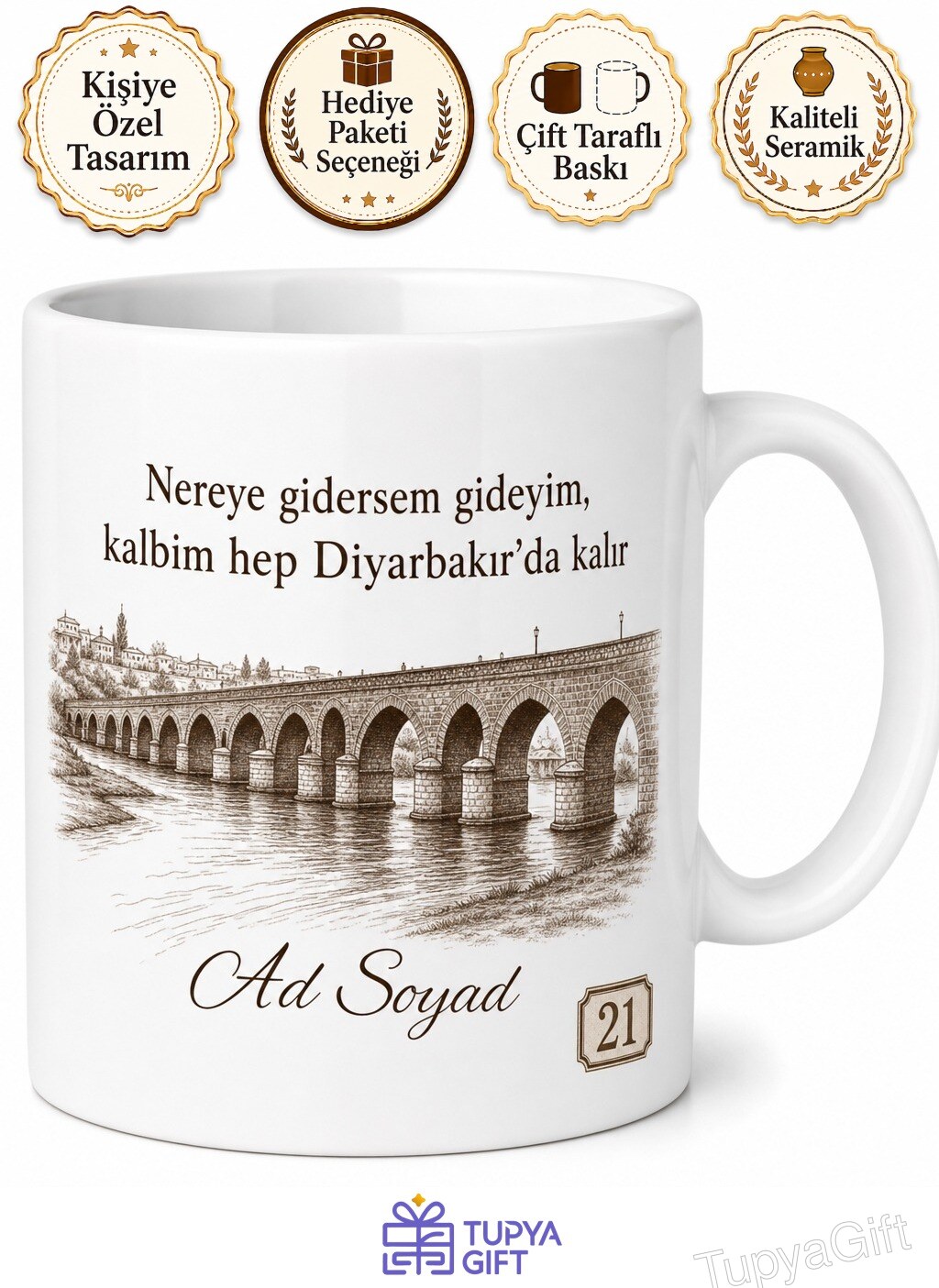 Diyarbakır Plakalı On Gözlü Köprü Çizimli Memleket Hasreti Kupa Bardak Hediye