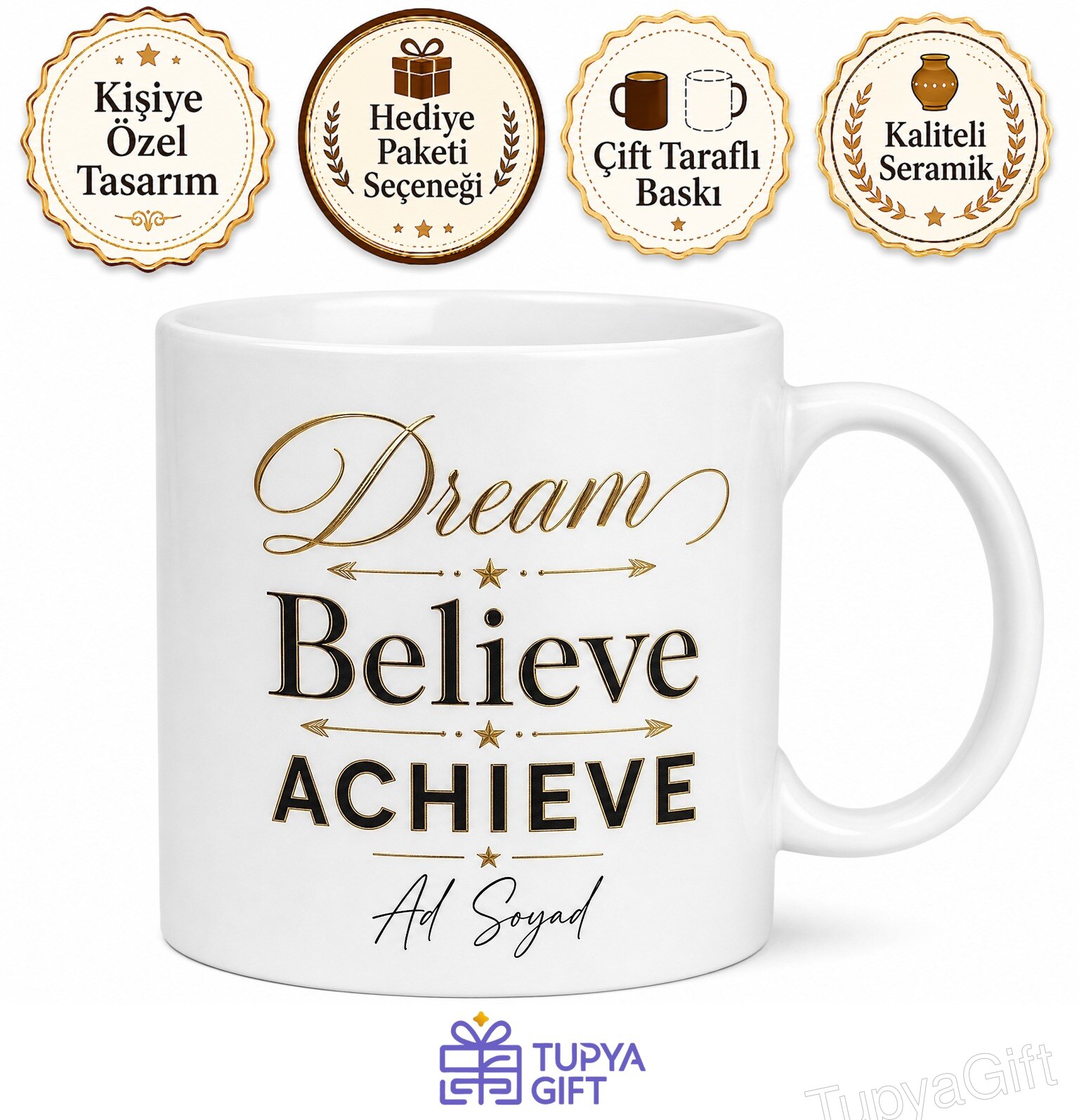 Dream Believe Achieve Yazılı Hayal Et İnan Başar İngilizce Motivasyon Kupa Bardak Hediye