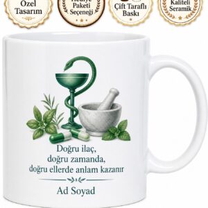 Eczacılık Günü Hediye Reçete Doğru İlaç Sağlık Temalı Baskılı Porselen Kupa Bardak