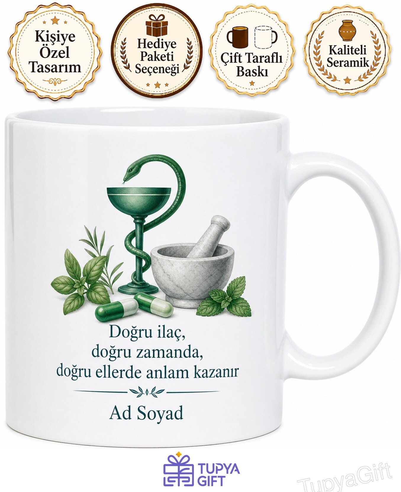 Eczacılık Günü Hediye Reçete Doğru İlaç Sağlık Temalı Baskılı Porselen Kupa Bardak