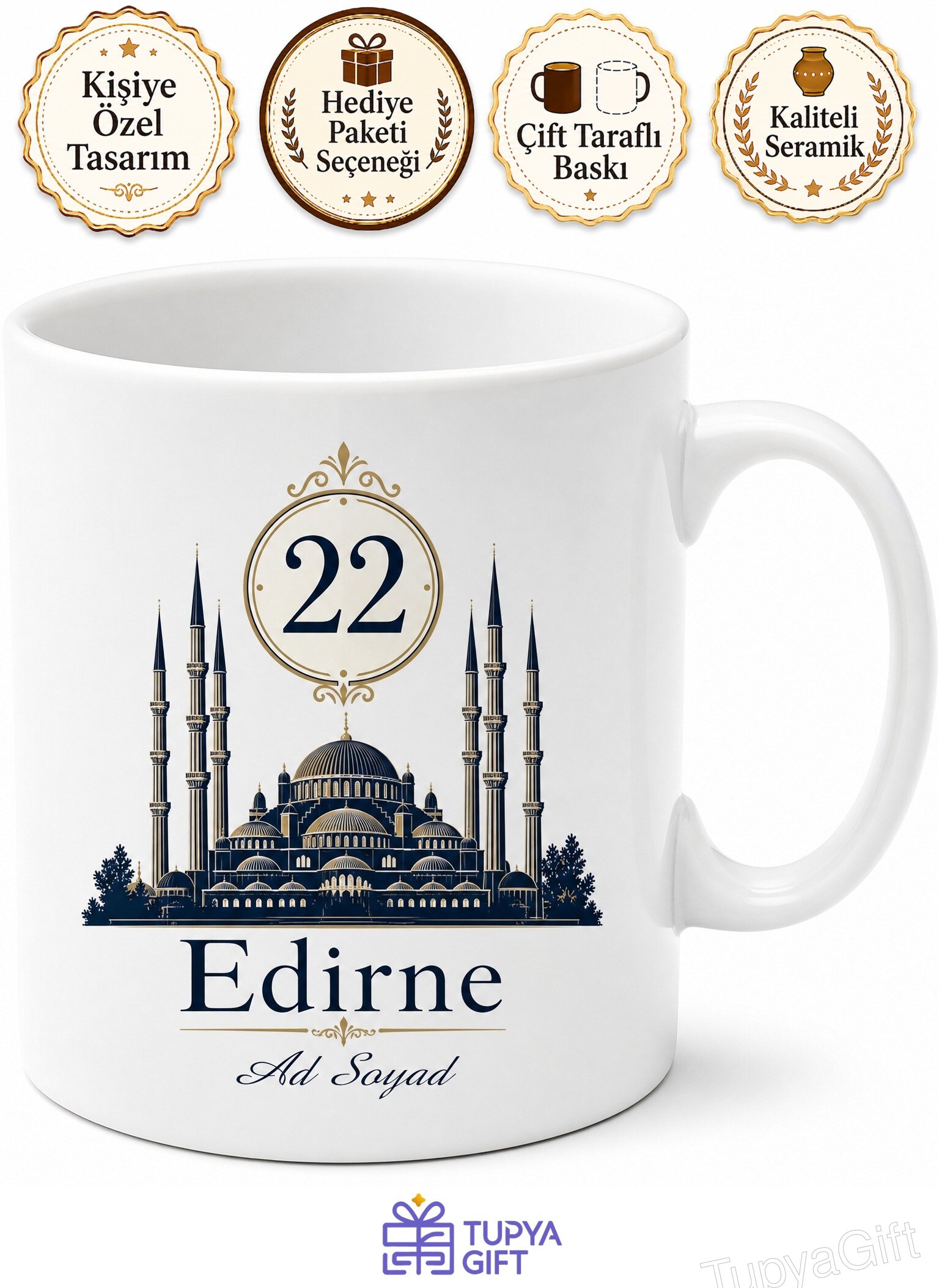 Edirne Plakalı Selimiye Camii Silüetli Yöresel Çay Kupası Hediye Bardak