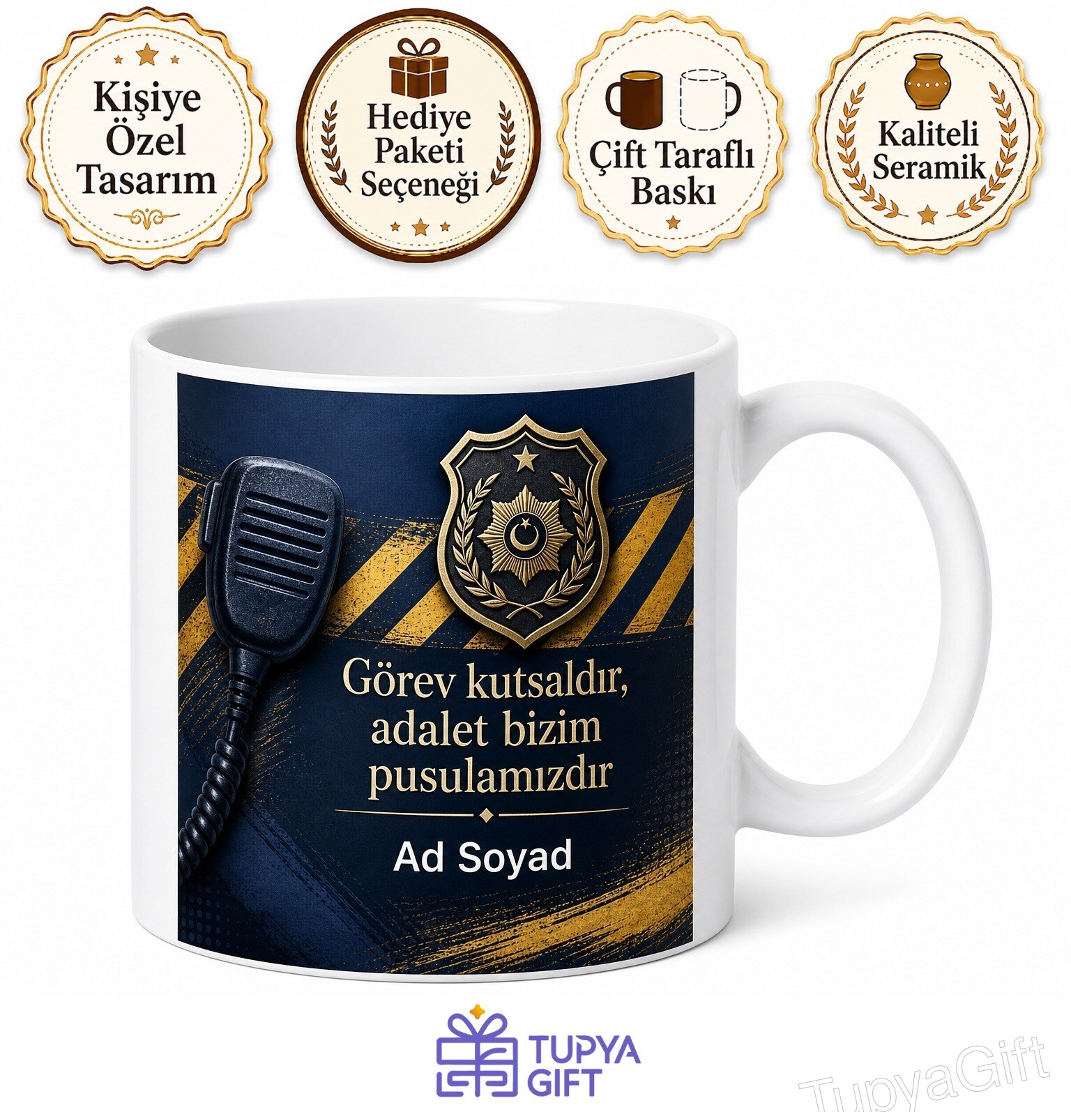 Emniyet Teşkilatı Polisine Devriye Turu Telsiz Asayiş Şeridi Kupa Bardak Hediye