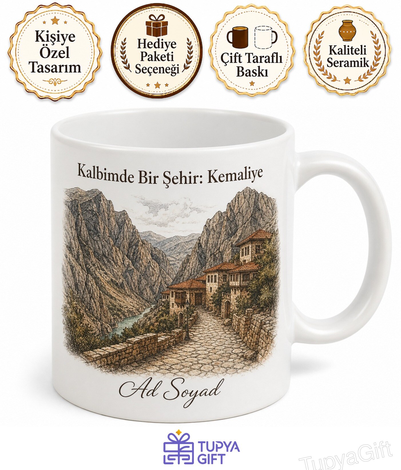 Erzincan Kemaliye Eğin Taş Yolu Karanlık Kanyon Tarihi Evler Baskılı Kupa Hediye