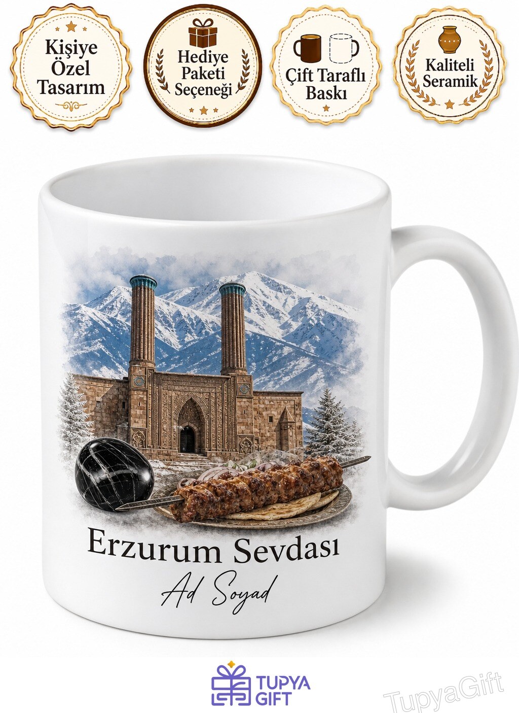 Erzurum Hatuniye Medresesi Palandöken Kar Manzarası Oltu Taşı Cağ Kebabı Kupa Bardak Hediye