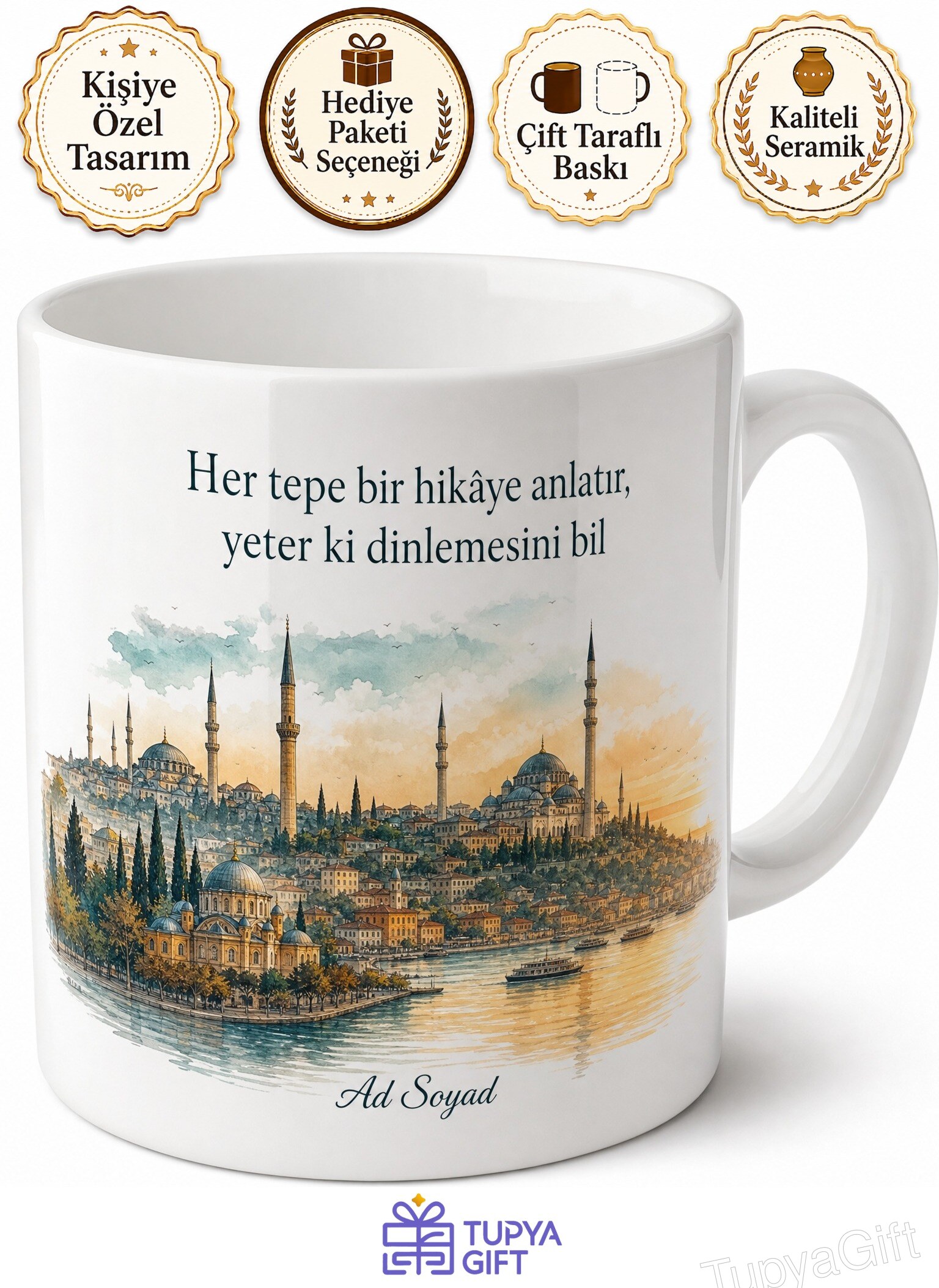 Eyüpsultan Tarihi Doku Tepe Manzarası Çay Kupası Porselen Bardak Hediye