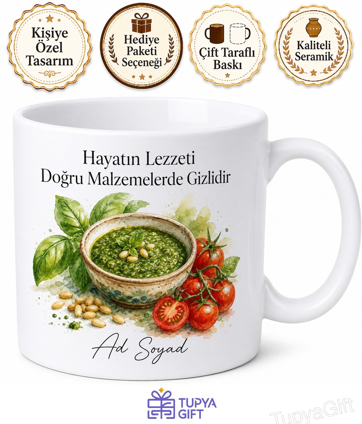 Fesleğen Makarna Sosu İtalyan Mutfağı Pesto Sos Temalı Baskılı Kupa Bardak Hediye
