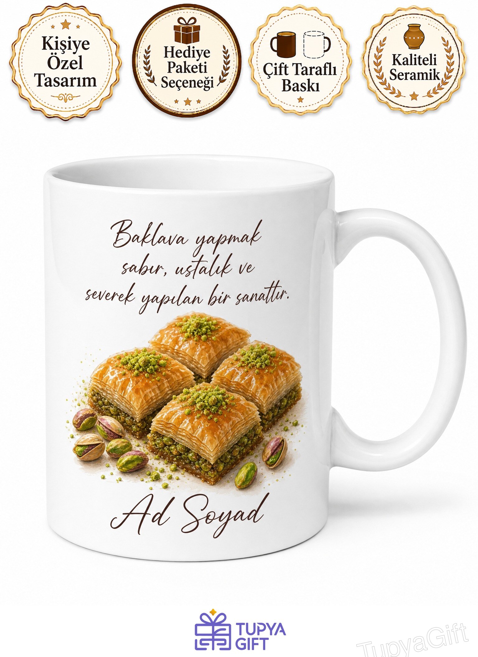 Fıstıklı Baklava Yapanlara Antep Baklavası Kare Baklava Kupa Bardak Hediye