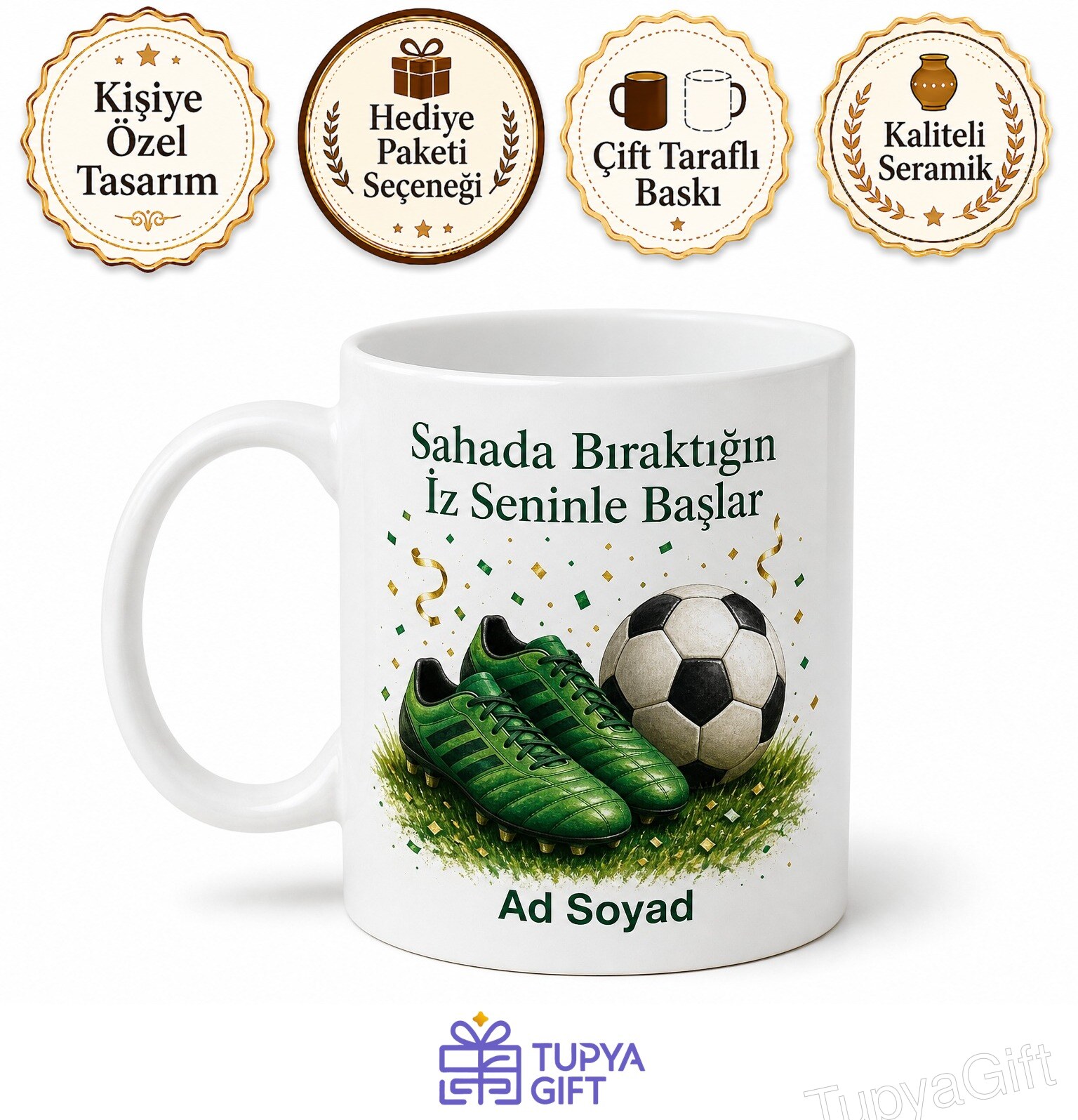 Futbolcuya Hediye Krampon Gol Sevinci Yeşil Saha Şampiyonluk Yürüyüşü Baskılı Porselen Kupa Bardak