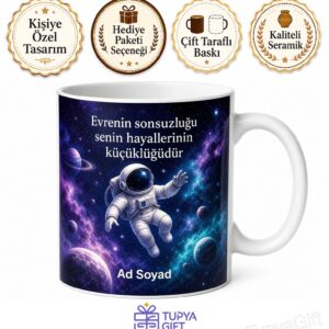 Galaksi Uzay Temalı İsim Yazılı Astronot Meraklısı Kupa Bardak Hediye