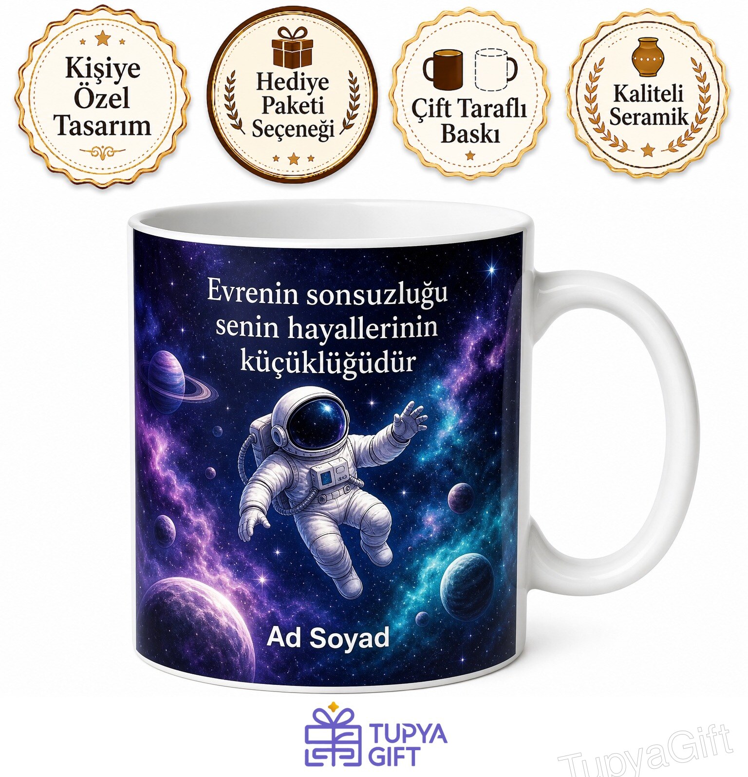 Galaksi Uzay Temalı İsim Yazılı Astronot Meraklısı Kupa Bardak Hediye