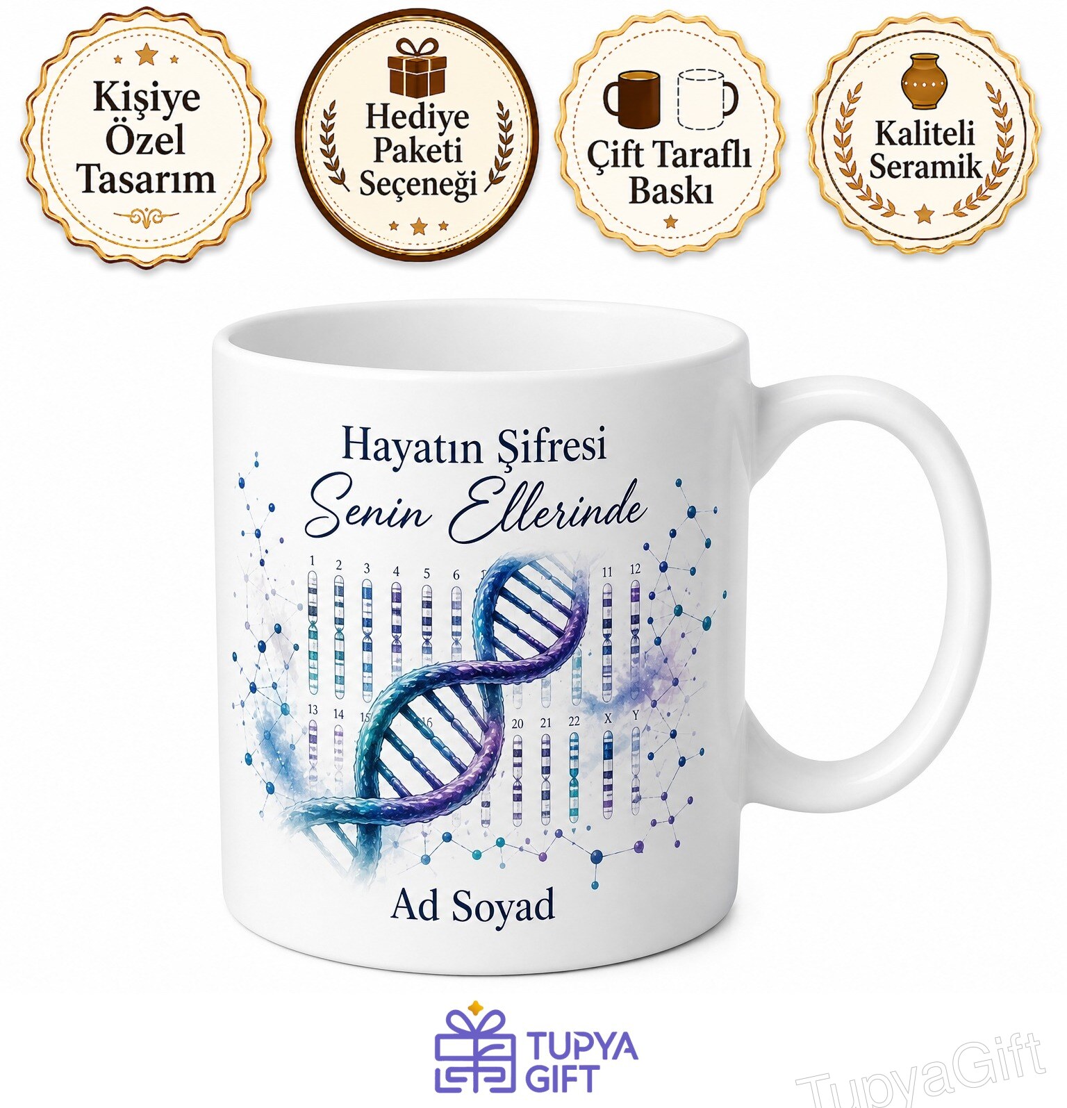 Genetik Uzmanına Hediye DNA Sarmalı Kromozom Haritası Gen Havuzu Baskılı Porselen Kupa Bardak