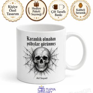 Gotik Kuru Kafa Örümcek Ağı Siyah Baskılı Porselen Kupa Bardak Hediye