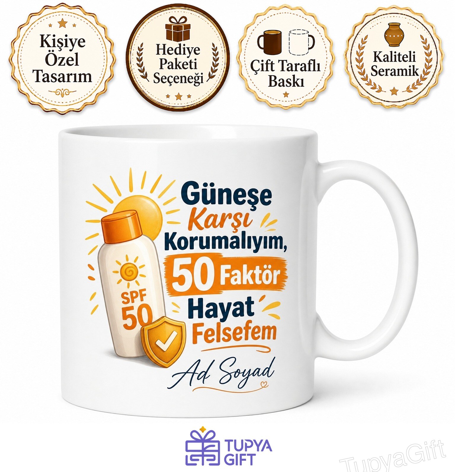 Güneş Kremi 50 Faktör Koruma UVA UVB Güneş Yanığı Önleyici Baskılı Kupa Hediye Bardak