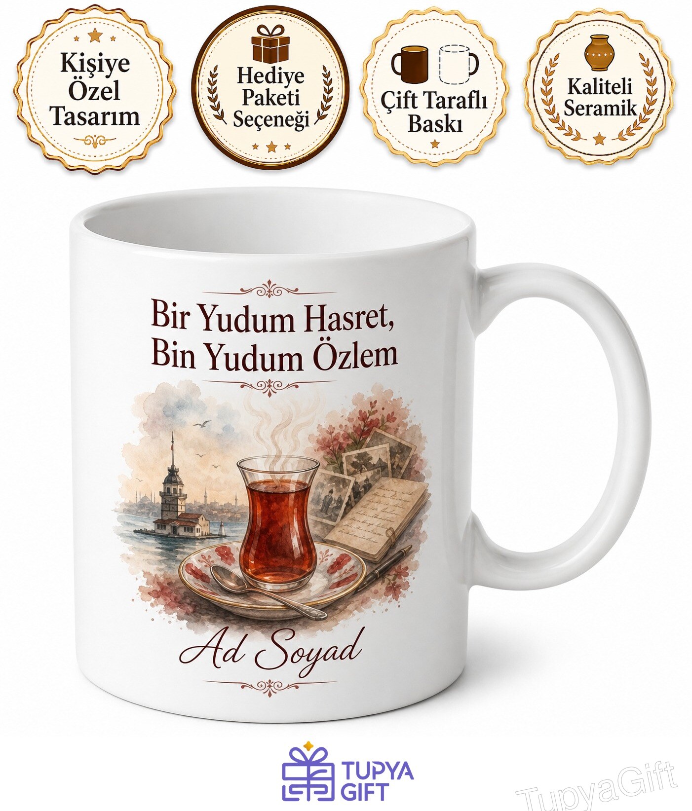 Gurbet Elde İnce Belli Çay Bardağı Hasreti Çekenlere Seramik Kupa Hediye
