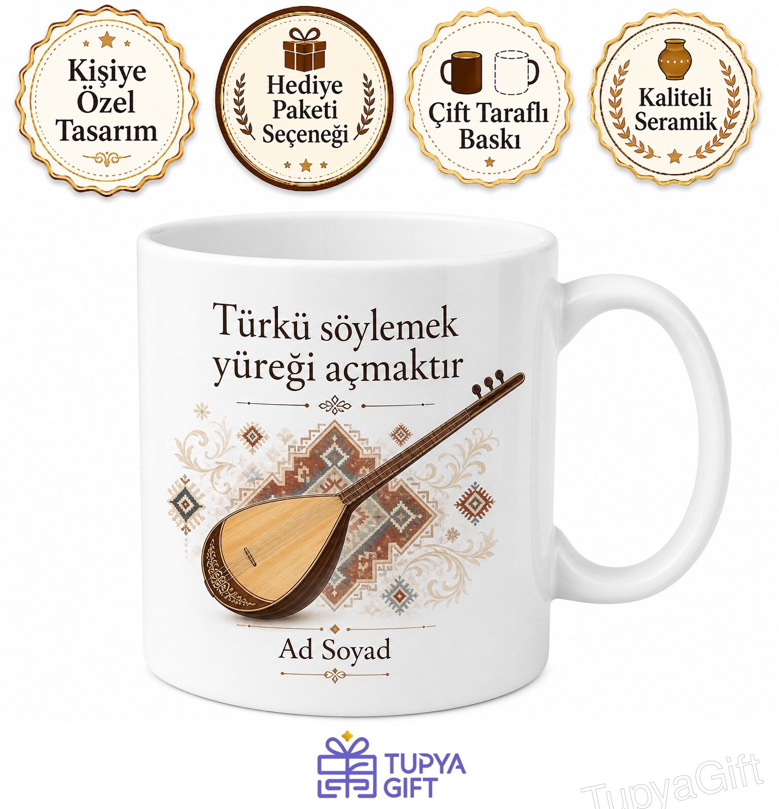 Hacı Taşan Kırşehir Türkü Bağlama Üstadı Orta Anadolu Ruhu Porselen Kupa Bardak Hediye