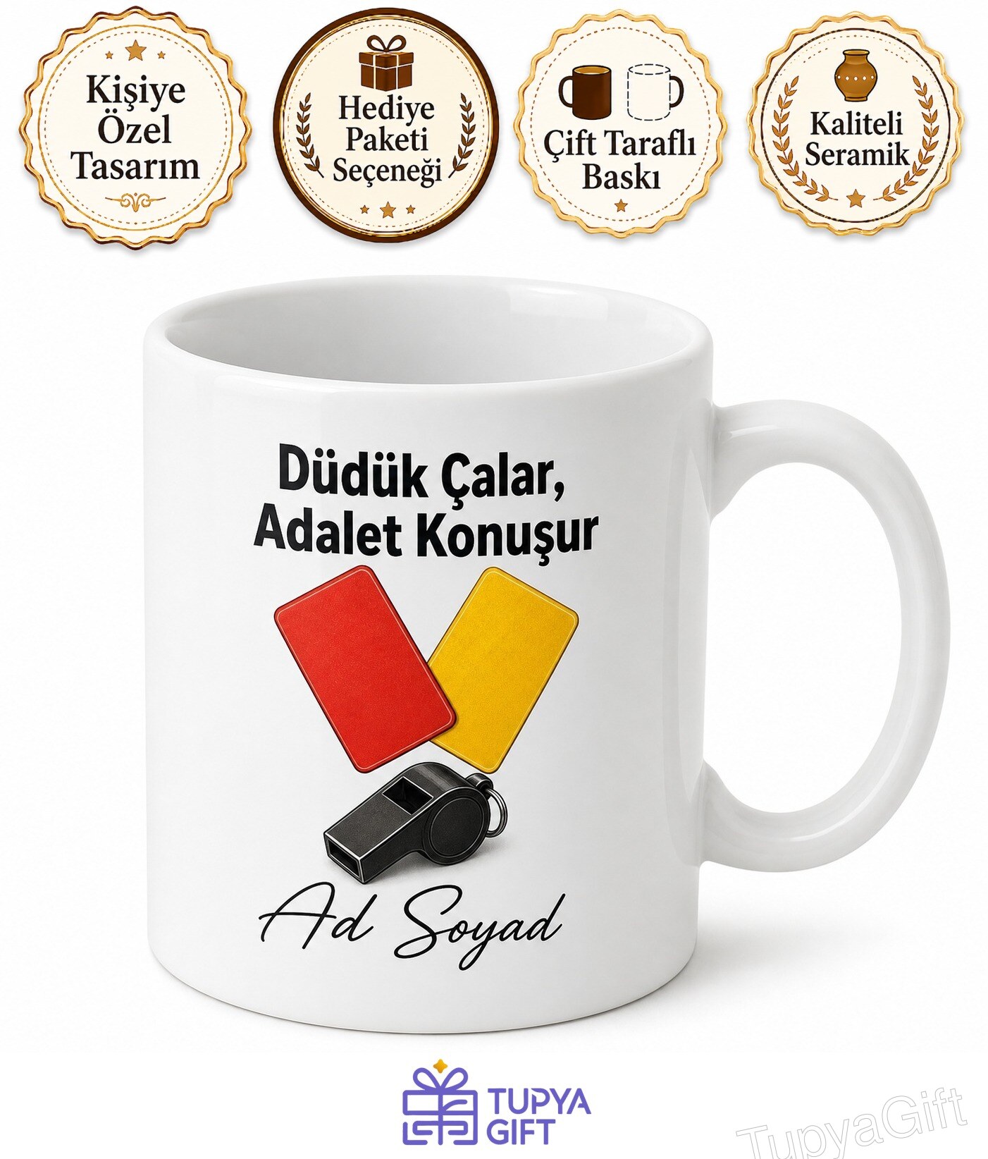 Hakem Kırmızı Kart Sarı Kart Düdük Sesi Adil Karar Kupası Hediye Bardak