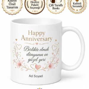 Happy Anniversary Yazılı Yıl Dönümün Kutlu Olsun İngilizce Kupa Bardak Hediye