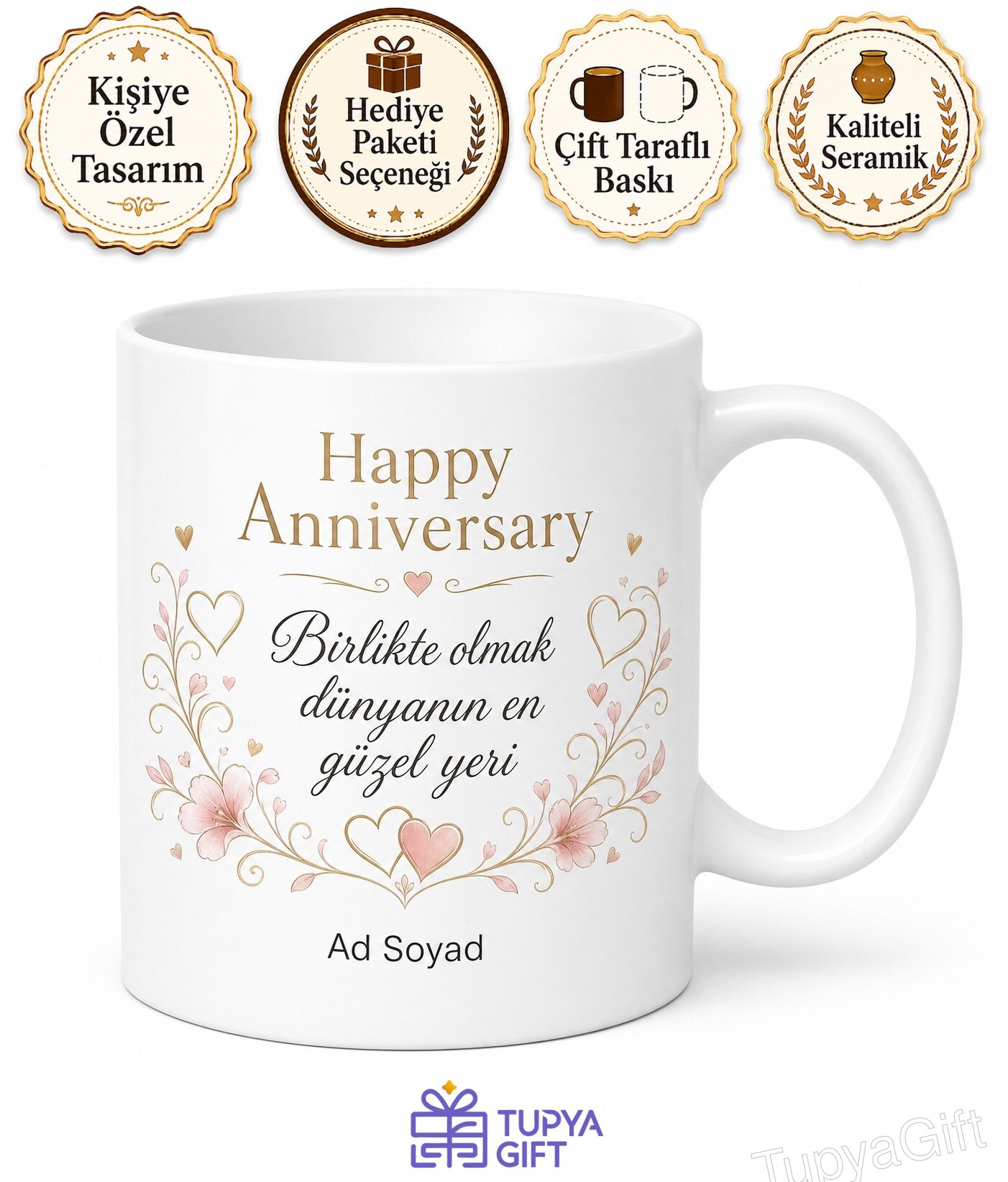 Happy Anniversary Yazılı Yıl Dönümün Kutlu Olsun İngilizce Kupa Bardak Hediye