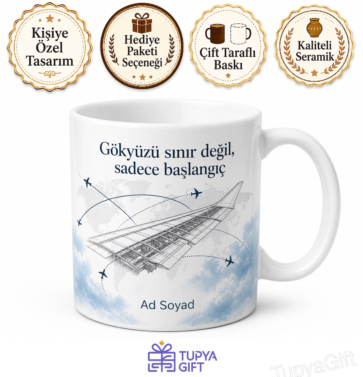 Havacılık Uçuş Rotaları Kanat Profili Gökyüzü Macerası Kupa Bardak Hediye