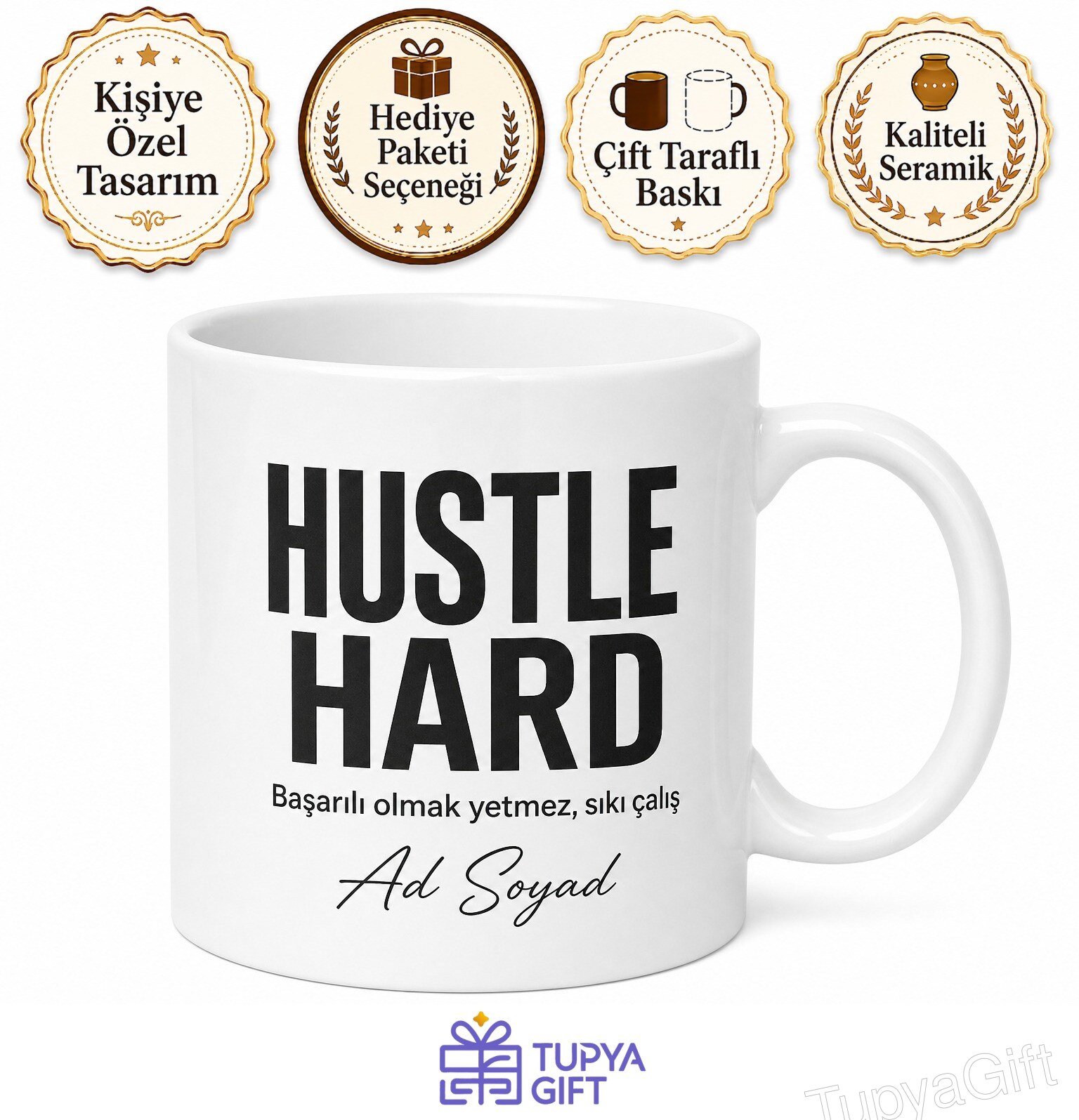 Hustle Hard Yazılı Sıkı Çalış Motivasyon İngilizce Kupa Bardak Hediye