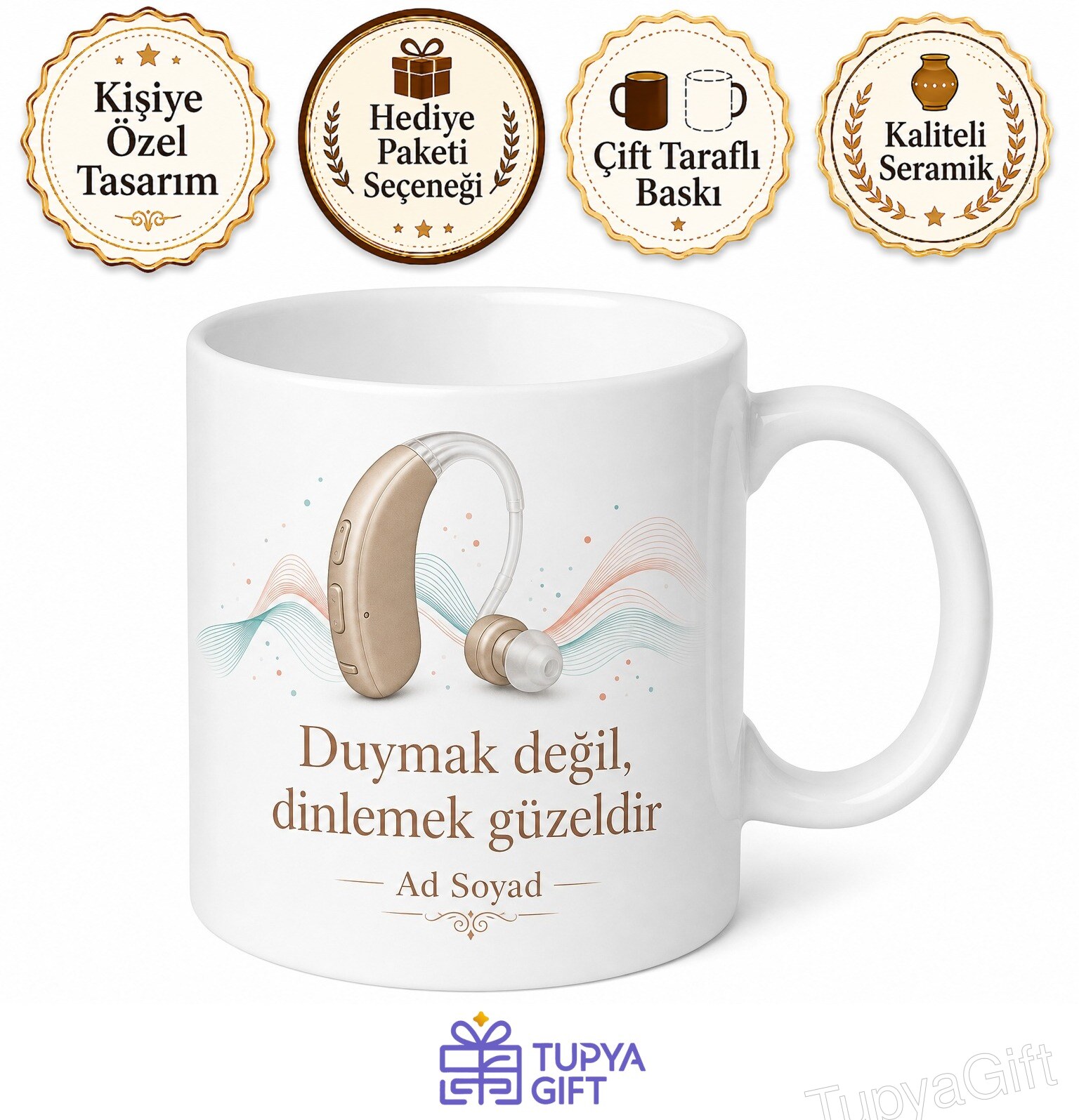 İşitme Cihazı Kullananlara Özel Tasarım Kupa Bardak İşitme Kaybı Temalı Hediye