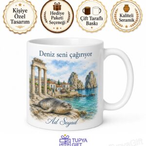 İzmir Foça Phokaia Antik Kenti Siren Kayalıkları Akdeniz Foku Taş Evler Baskılı Kupa Hediye