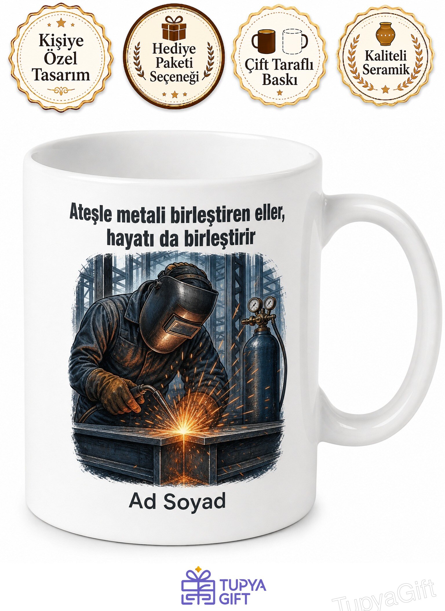 Kaynakçıya Hediye Kaynak Maskesi Argon Gazı Metalurji Ustası Baskılı Porselen Kupa Bardak