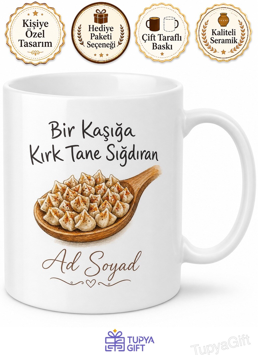 Kayseri Mantısı Tahta Kaşık Bir Kaşığa Kırk Tane Sığdıran Kupa Bardak Hediye