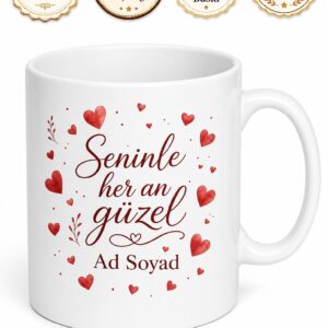 Kırmızı Kalplerle Bezenmiş İsimli Romantik Sevgili Kupası Hediye Bardak