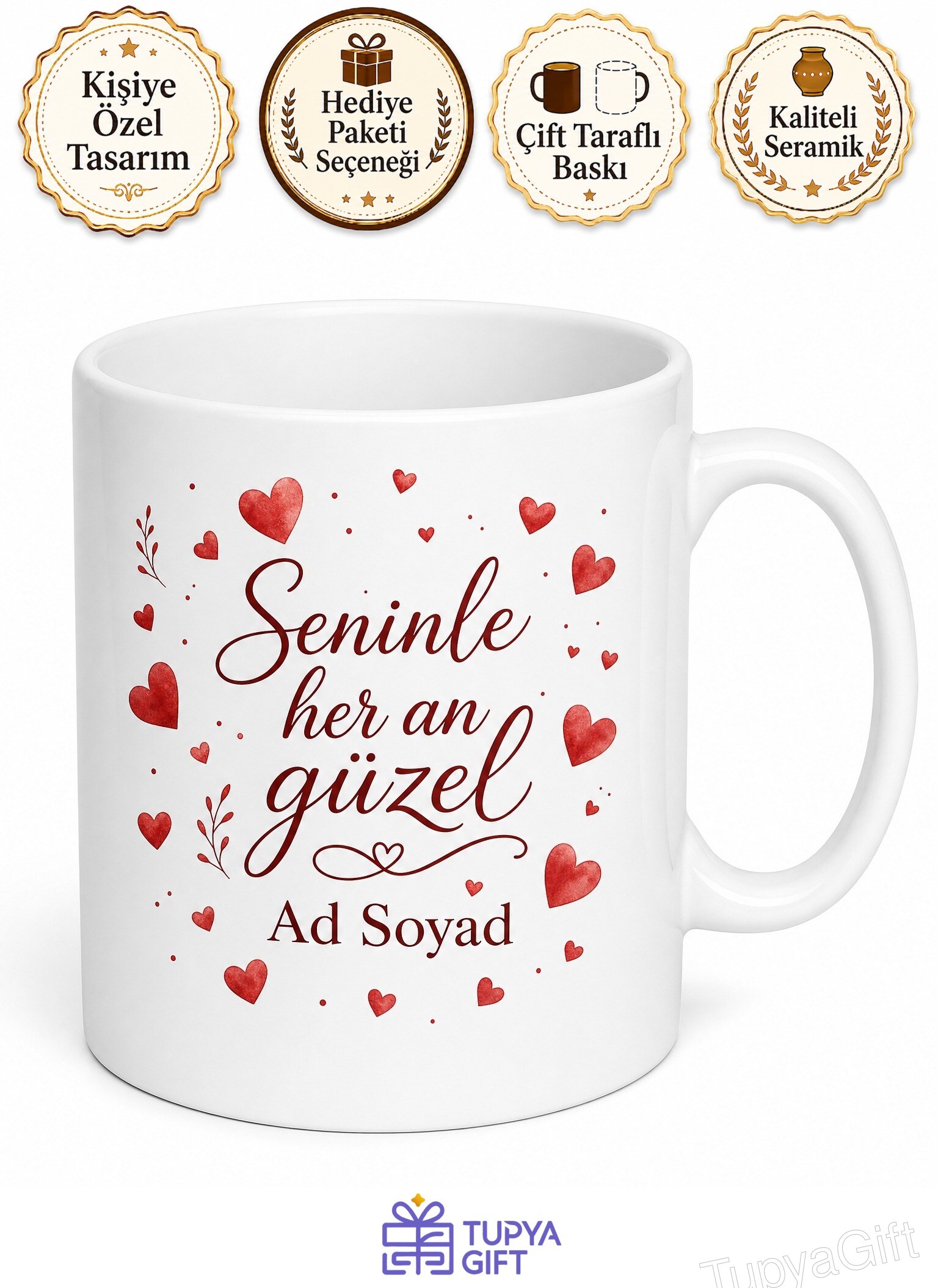 Kırmızı Kalplerle Bezenmiş İsimli Romantik Sevgili Kupası Hediye Bardak