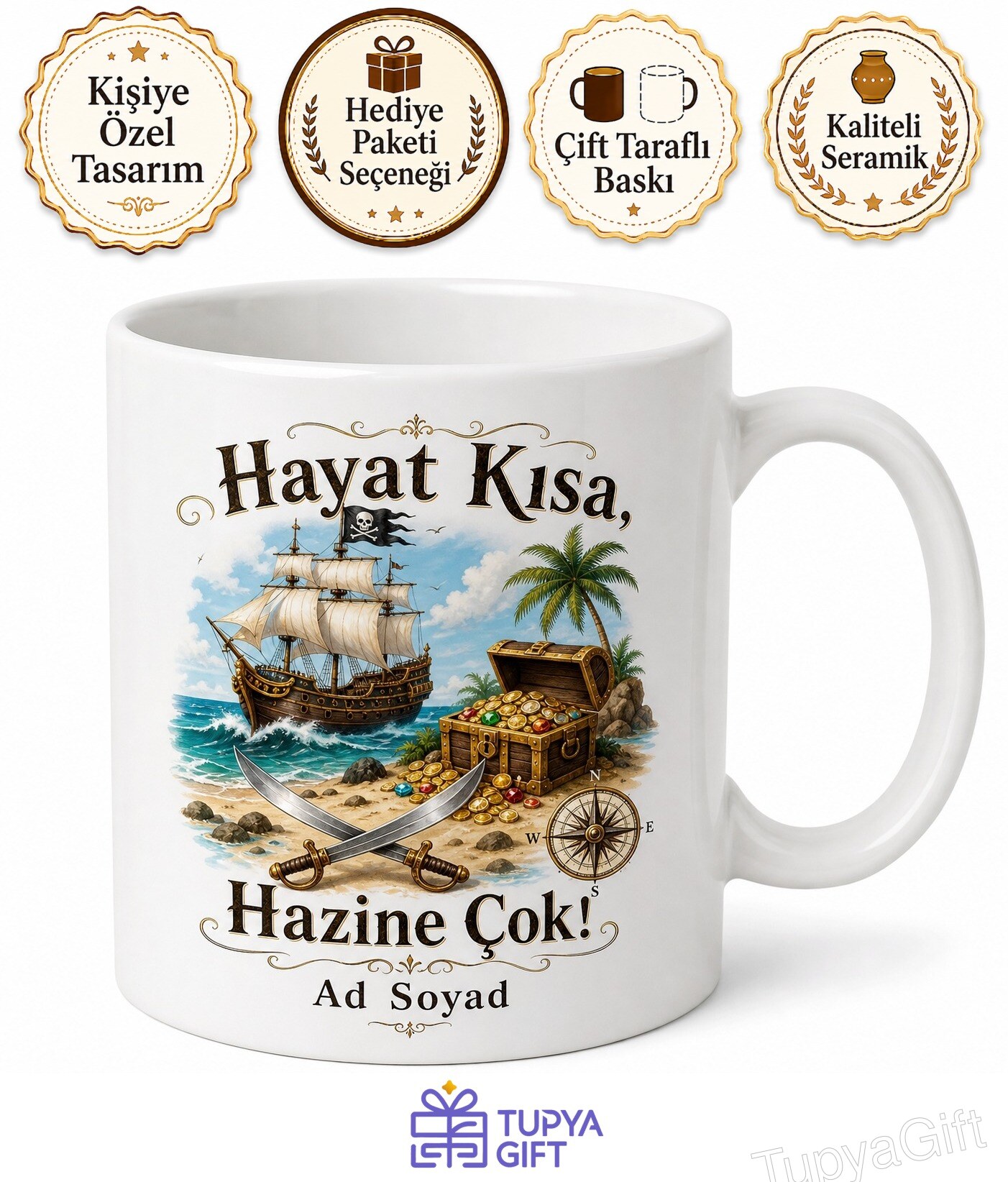 Korsan Gemisi Ve Hazine Sandığı Esprili Macera Kupası Hediye Bardak