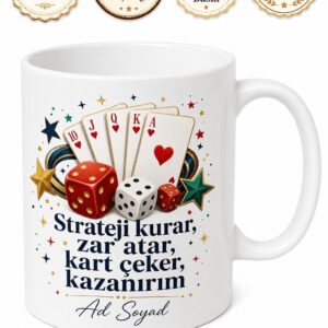 Kutu Oyunu Severlere Özel Zar Kart Şans Temalı Baskılı Porselen Kupa Bardak Hediye