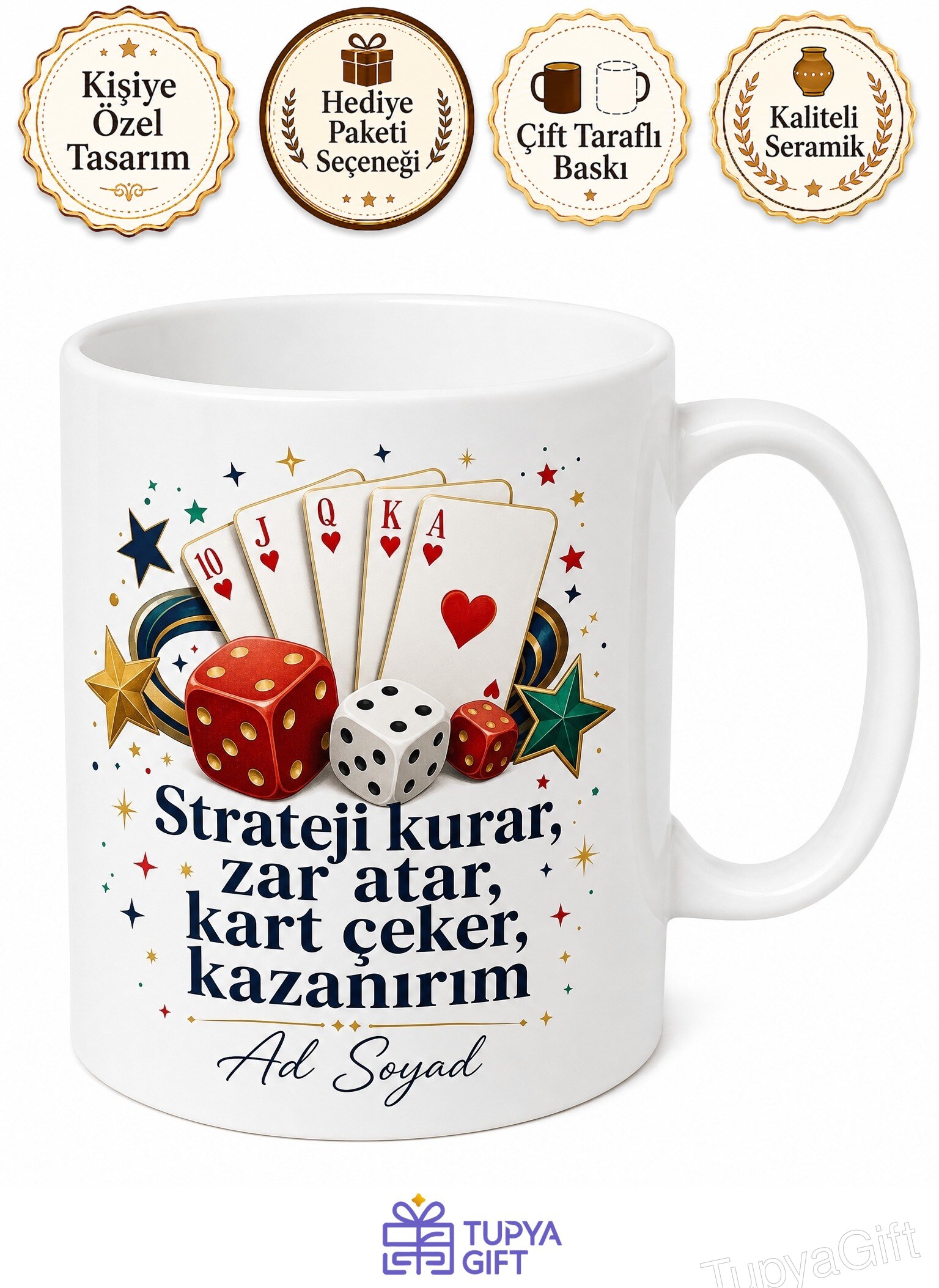 Kutu Oyunu Severlere Özel Zar Kart Şans Temalı Baskılı Porselen Kupa Bardak Hediye