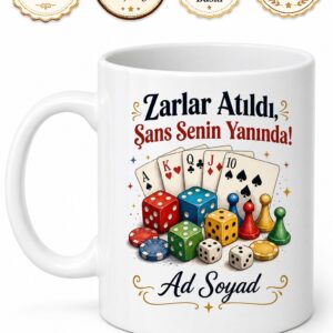 Kutu Oyunu Severlere Zar Kart Çekme Şans Faktörü Temalı Porselen Kupa Hediye Bardak