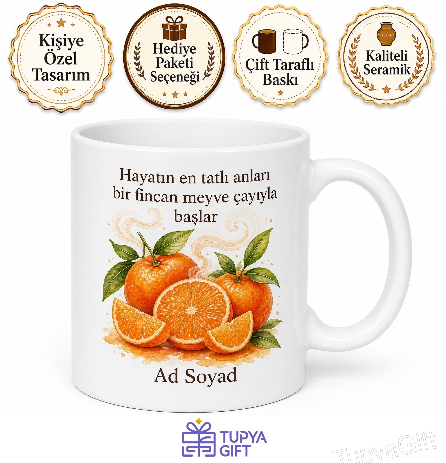 Mandalina Çayı İçenlere Meyve Çayı Kupa Bardak Hediye Porselen Baskılı Kupa