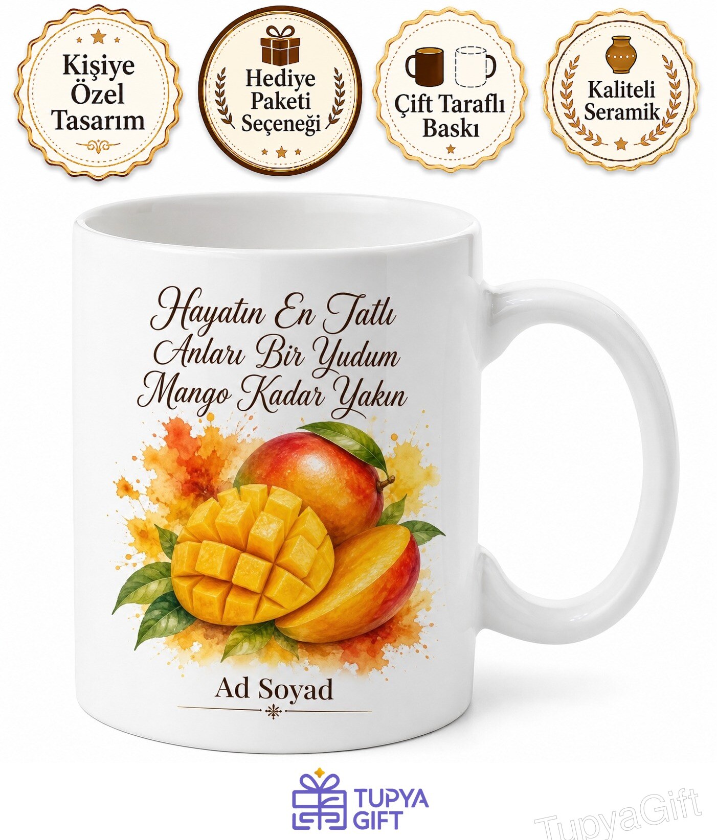 Mango Temalı Tropikal Mango Suyu Tatlı Mango Baskılı Porselen Kupa Bardak Hediye