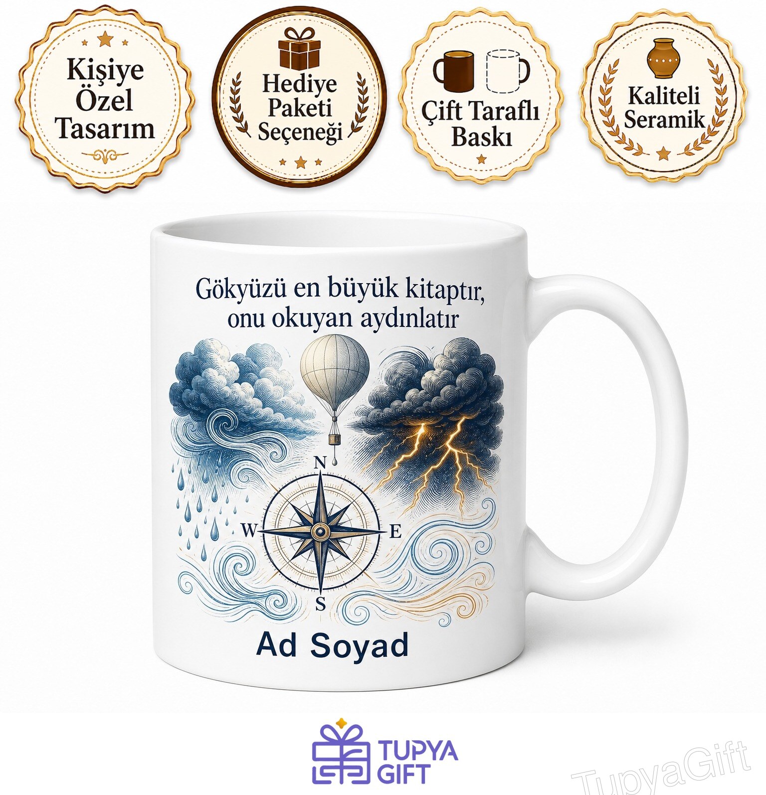 Meteoroloğa Hediye Hava Tahmin Balonu Fırtına Takibi Rüzgar Gülü Hava Olayları Kupa Bardak
