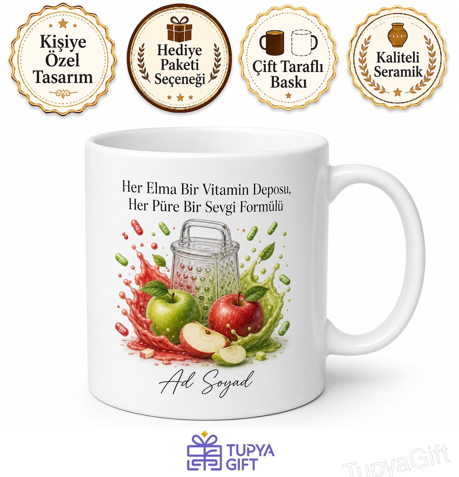 Meyve Ezenlere Cam Rende Elma Püresi Vitamin Deposu Kupa Bardak Hediye