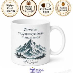 Motivasyon Sözü Ve Dağ Zirvesi Çizimli İsim Yazılı Hedef Odaklı Kupa Bardak Hediye