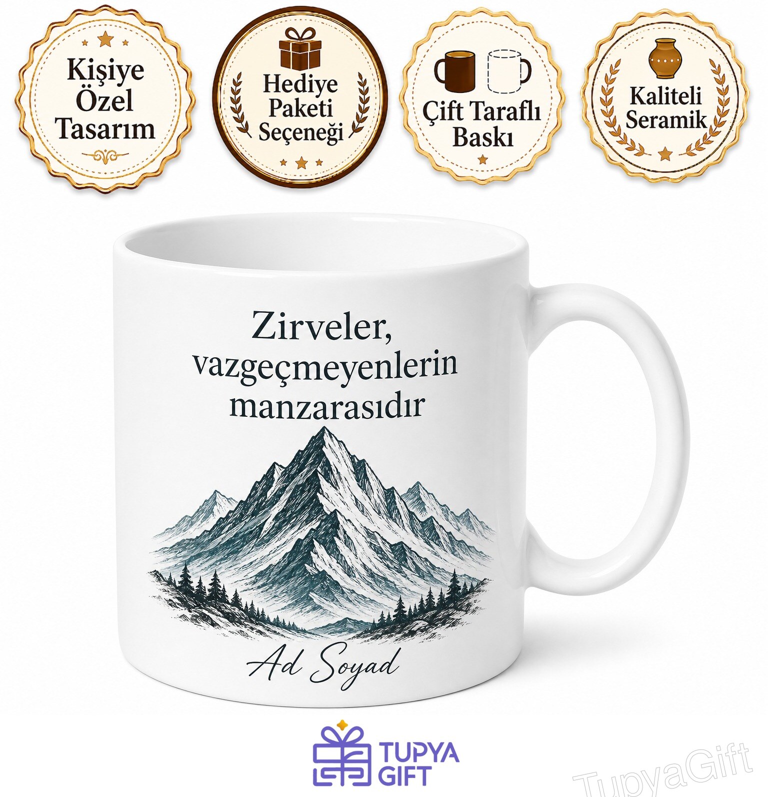 Motivasyon Sözü Ve Dağ Zirvesi Çizimli İsim Yazılı Hedef Odaklı Kupa Bardak Hediye