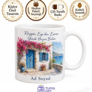 Muğla Bodrum Beyaz Evler Mavi Kapılar Begonvil Çiçekleri Yazlık Kupa Bardak Hediye