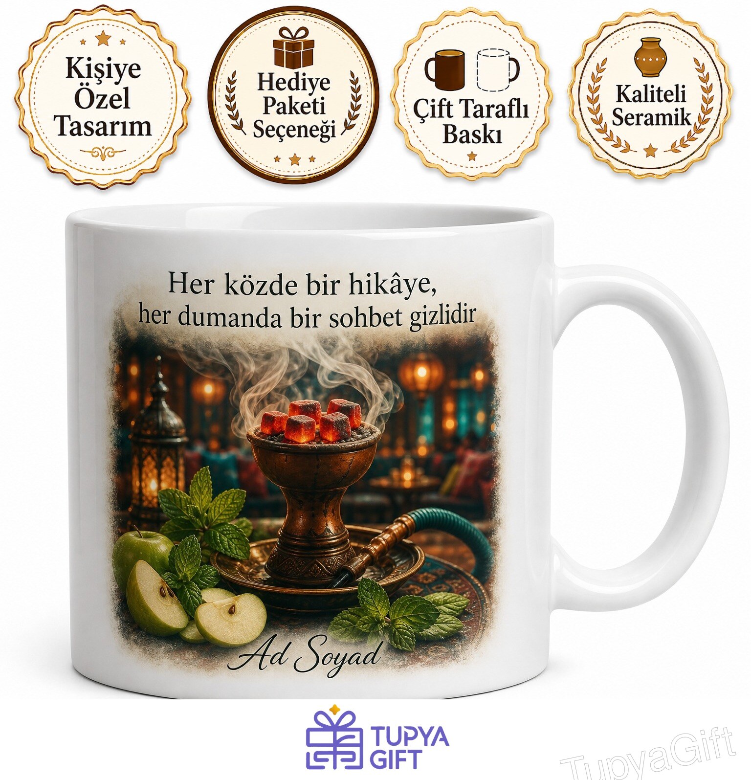 Nargile Kafeciye Hediye Köz Taşıyan Fokurdayan Su Sesi Kafe Ruhu Baskılı Kupa Bardak