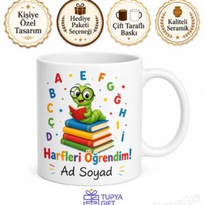 Okuma Bayramı Hediyesi Harfleri Öğrendim Kitap Kurdu Baskılı Porselen Kupa Bardak