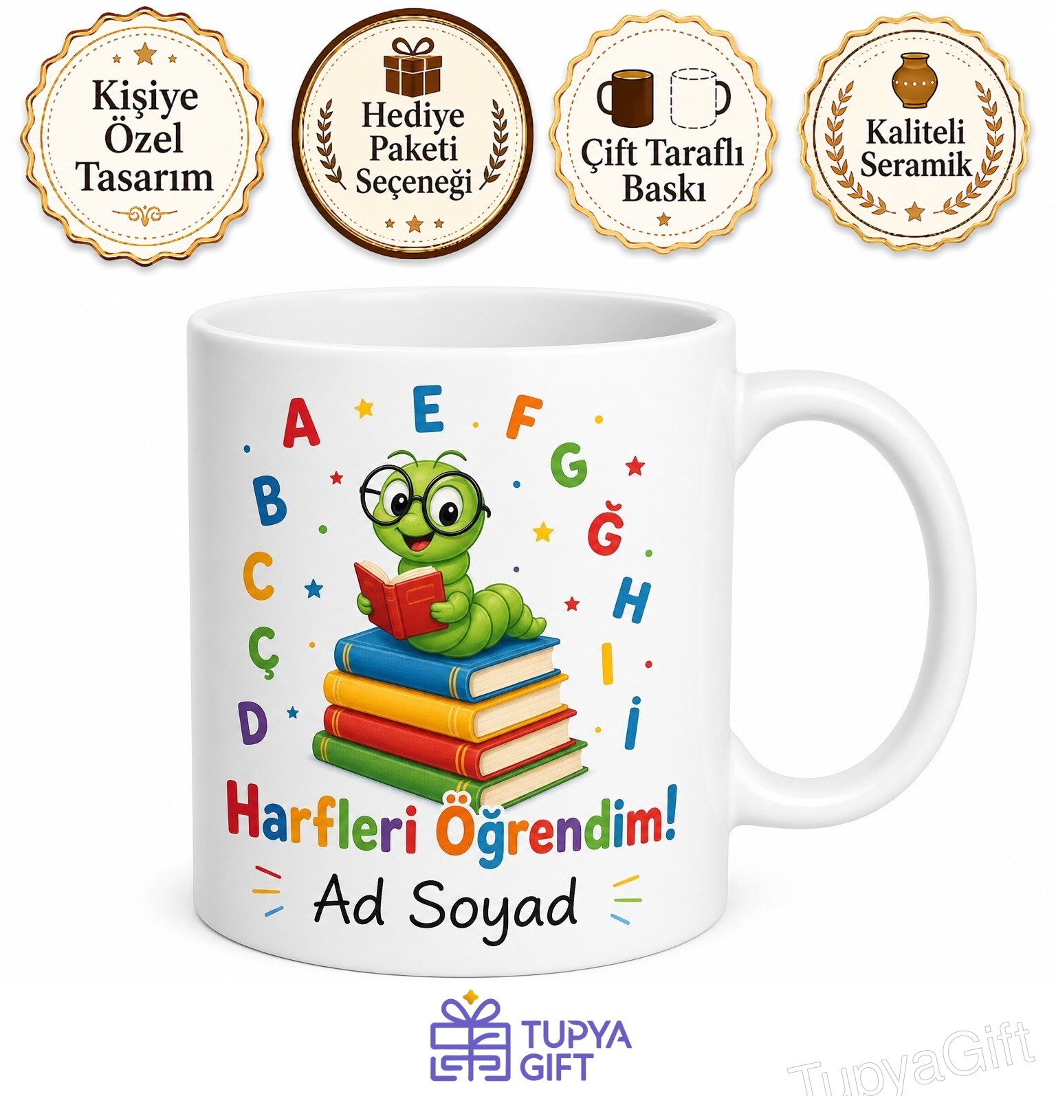 Okuma Bayramı Hediyesi Harfleri Öğrendim Kitap Kurdu Baskılı Porselen Kupa Bardak
