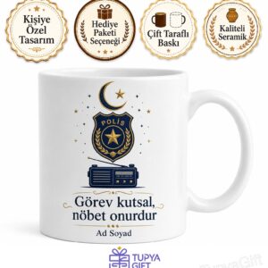 Polis Memuru Ay Yıldız Rozet Telsiz Sesi Gece Nöbeti Kupa Bardak Hediye